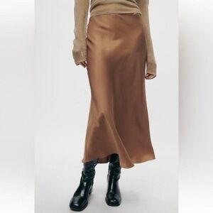 Zara Satin Maxi Skirt in Brown XS